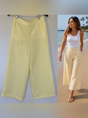 LOFT Linen Blend Wide Leg Cropped Pants Yellow Stripe Pull On Coastal XS